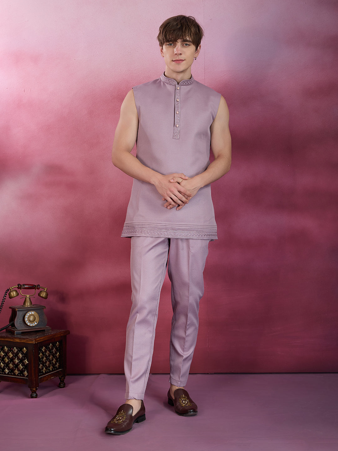 PASTEL LILAC EMBROIDERED INDO-WESTERN SET FOR MEN