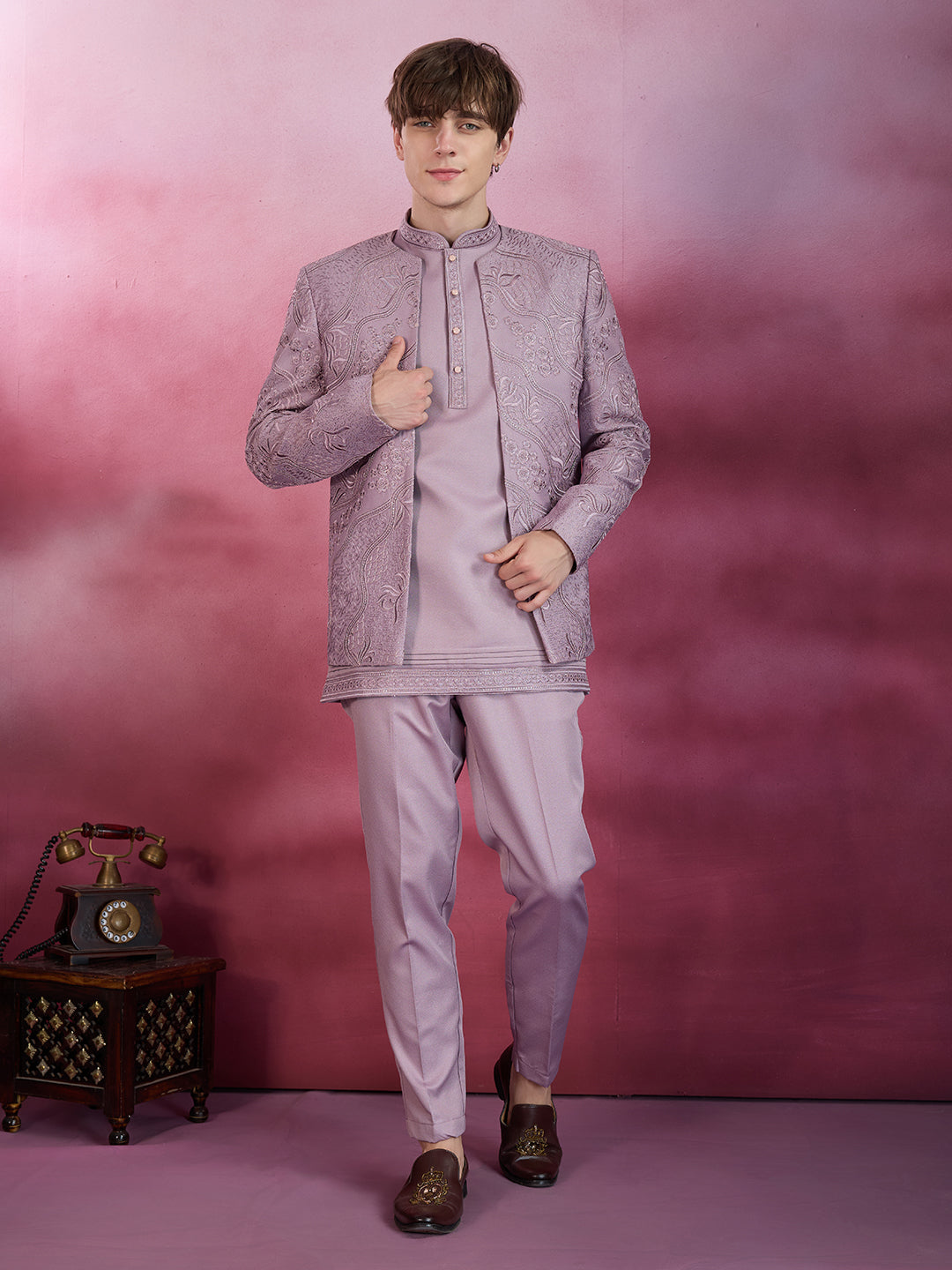 PASTEL LILAC EMBROIDERED INDO-WESTERN SET FOR MEN