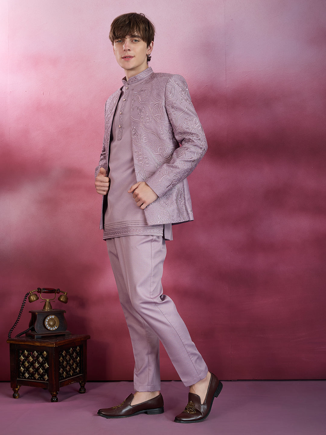 PASTEL LILAC EMBROIDERED INDO-WESTERN SET FOR MEN