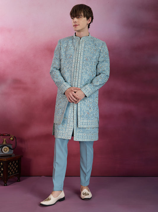 SKY BLUE EMBROIDERED INDO-WESTERN WITH INTRICATE DETAILING