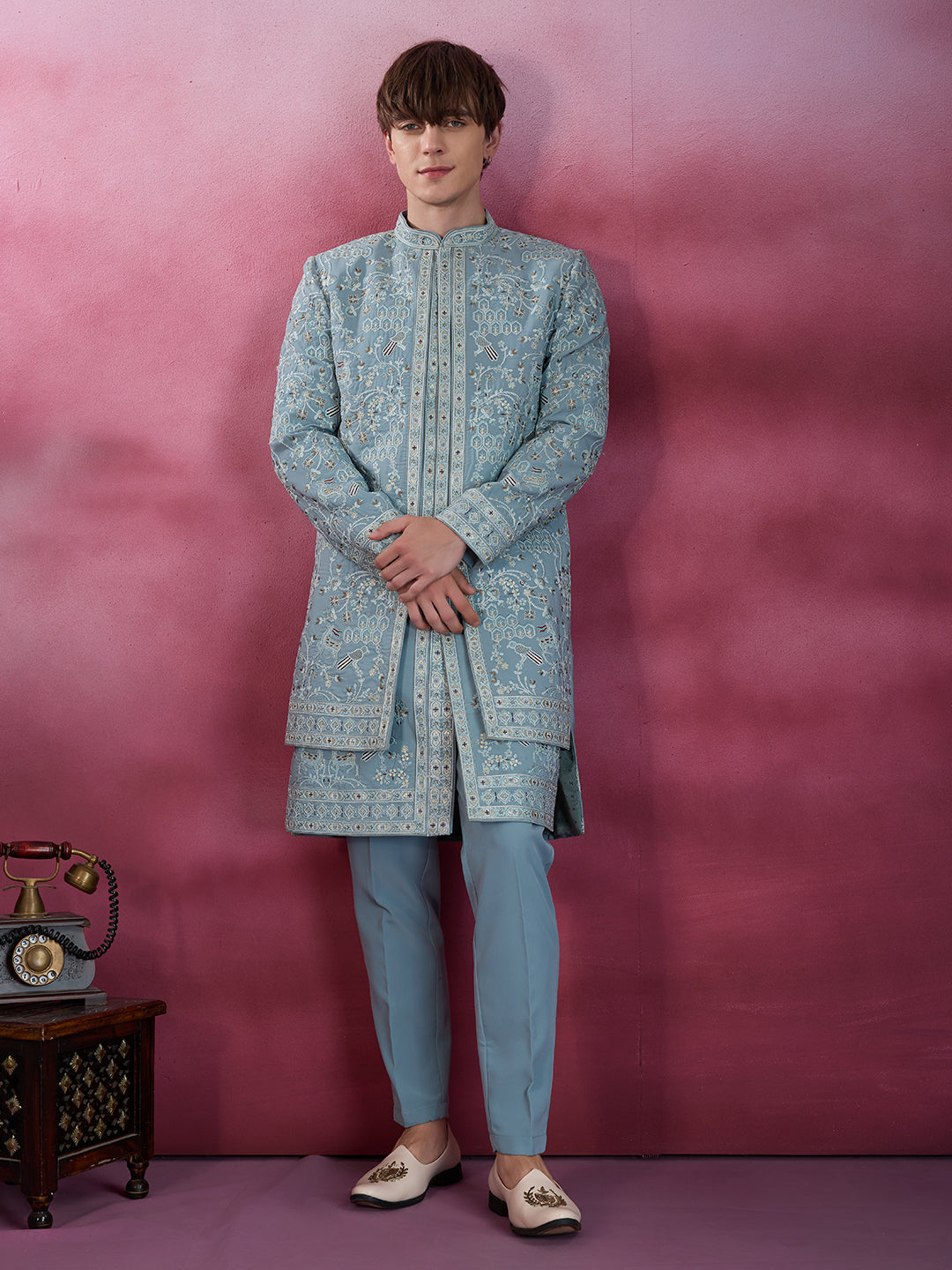 SKY BLUE EMBROIDERED INDO-WESTERN WITH INTRICATE DETAILING