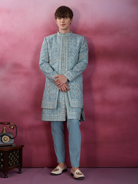 SKY BLUE EMBROIDERED INDO-WESTERN WITH INTRICATE DETAILING
