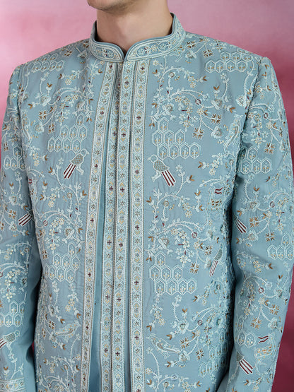 SKY BLUE EMBROIDERED INDO-WESTERN WITH INTRICATE DETAILING