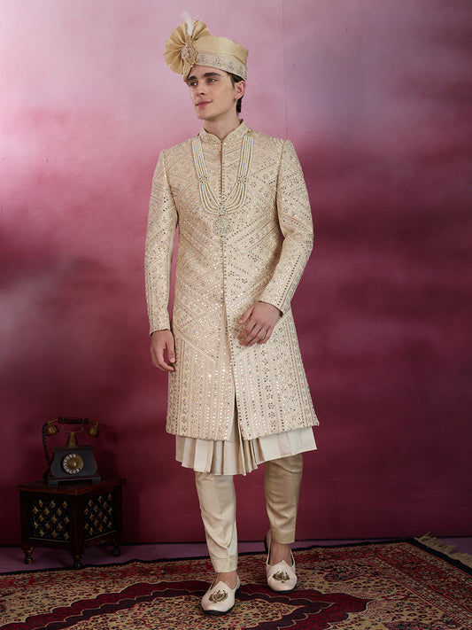 GOLDEN BEIGE HAND MIRROR WORK SHERWANI FOR GROOM