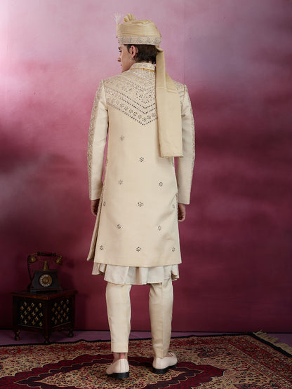 GOLDEN BEIGE HAND MIRROR WORK SHERWANI FOR GROOM