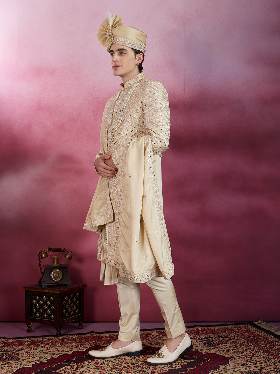 GOLDEN BEIGE HAND MIRROR WORK SHERWANI FOR GROOM