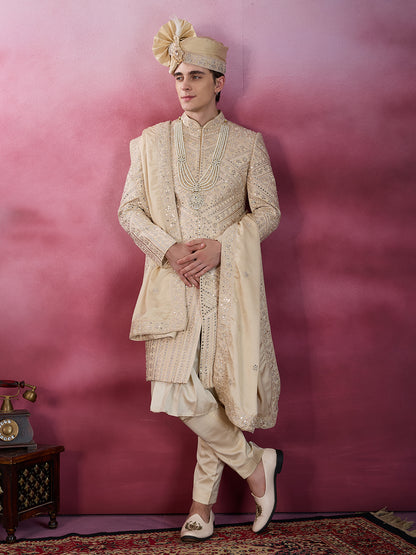 GOLDEN BEIGE HAND MIRROR WORK SHERWANI FOR GROOM