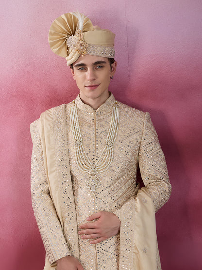 GOLDEN BEIGE HAND MIRROR WORK SHERWANI FOR GROOM