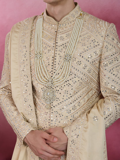 GOLDEN BEIGE HAND MIRROR WORK SHERWANI FOR GROOM