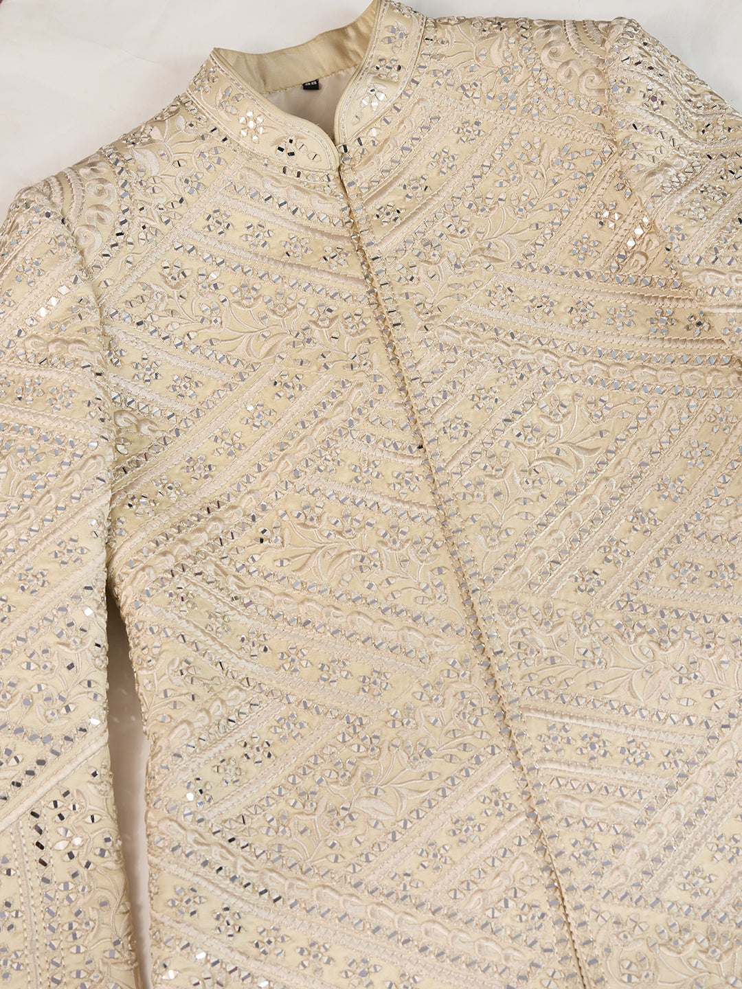 GOLDEN BEIGE HAND MIRROR WORK SHERWANI FOR GROOM