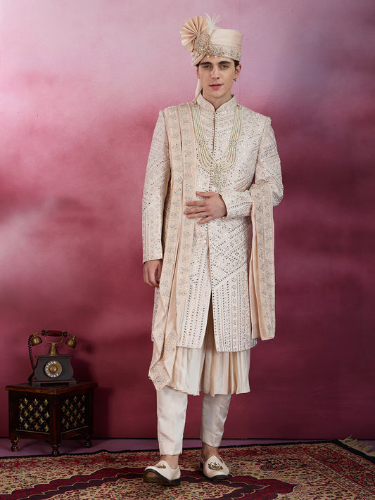 ROSE GOLD HAND MIRROR WORK SHERWANI FOR GROOM