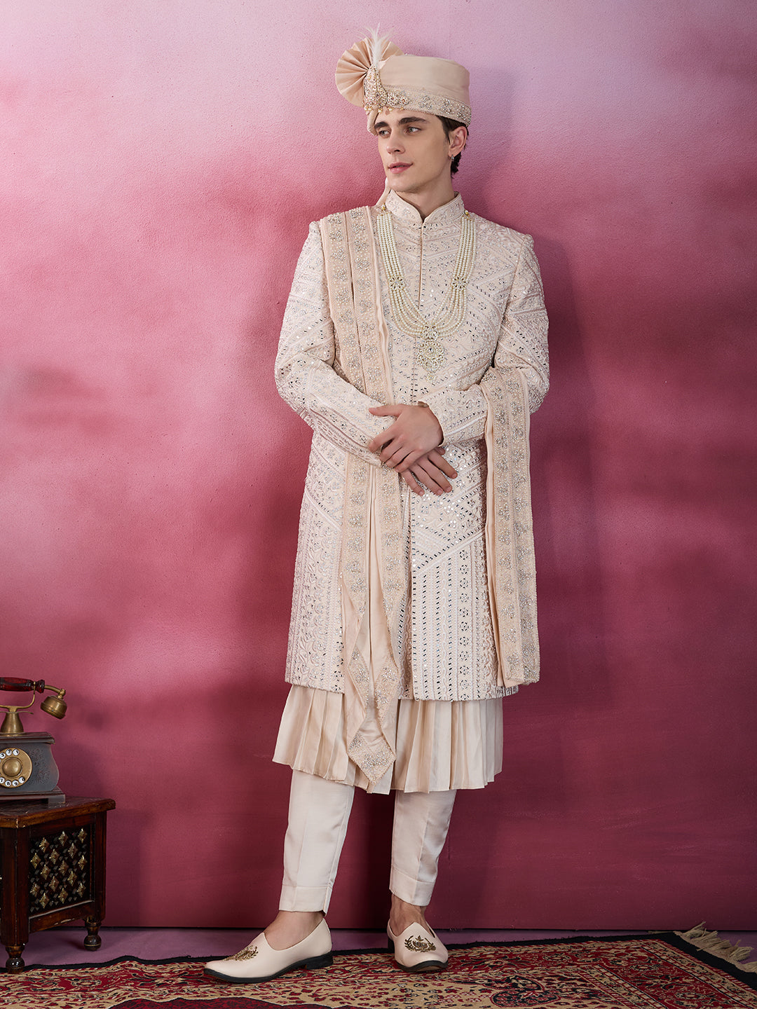 ROSE GOLD HAND MIRROR WORK SHERWANI FOR GROOM