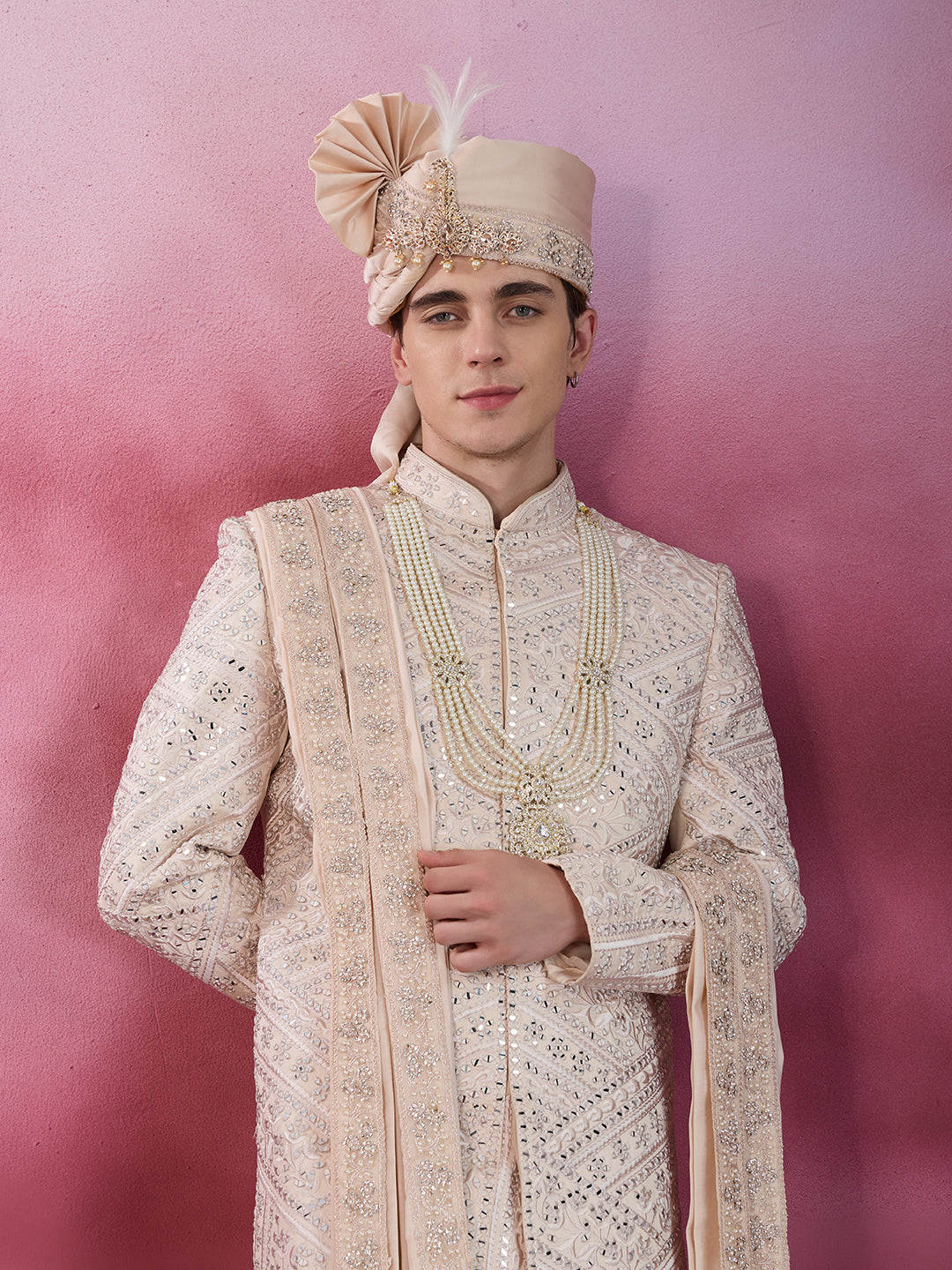 ROSE GOLD HAND MIRROR WORK SHERWANI FOR GROOM