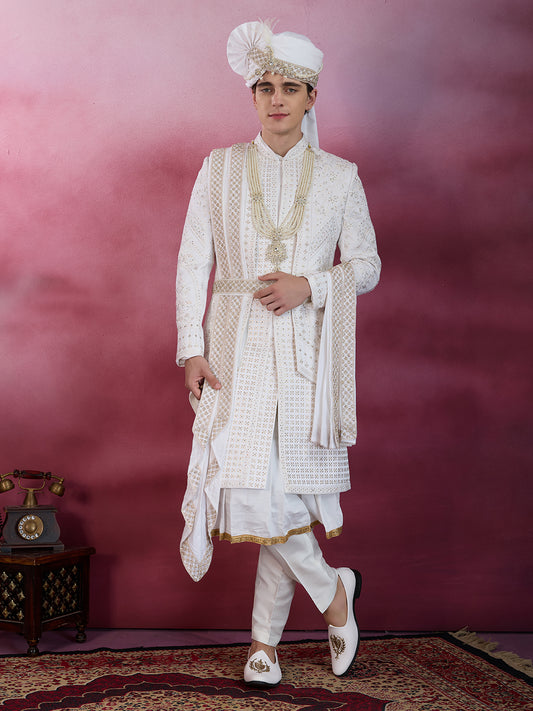 PRISTINE WHITE EMBROIDERY SHERWANI FOR GROOM