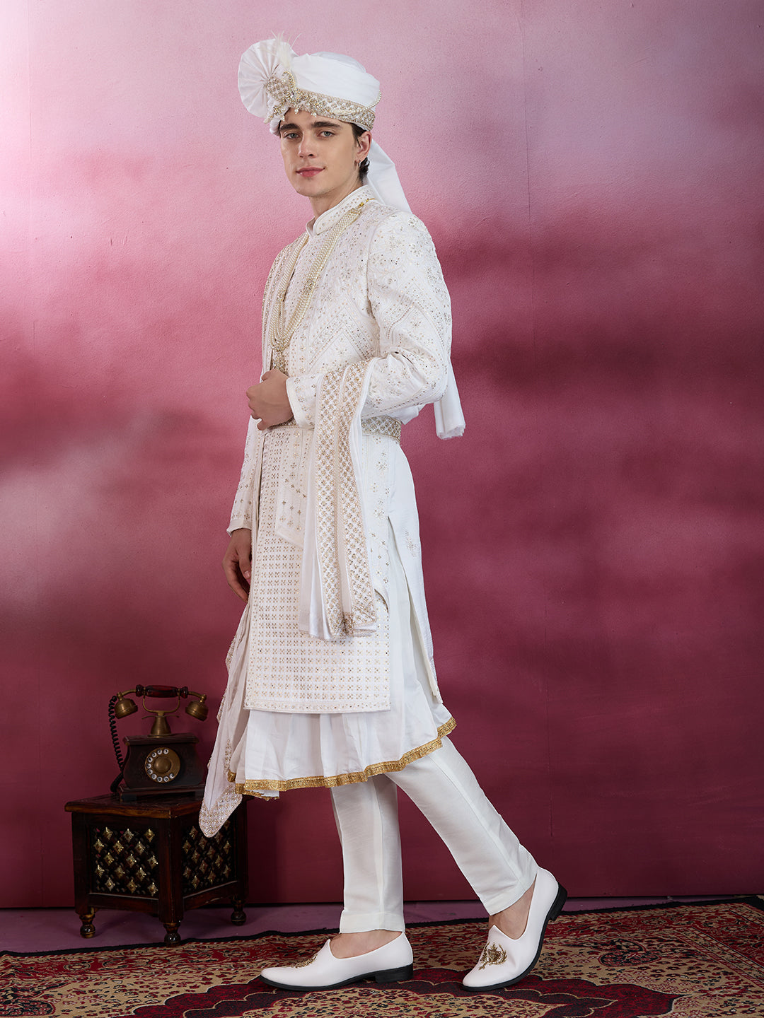 PRISTINE WHITE EMBROIDERY SHERWANI FOR GROOM