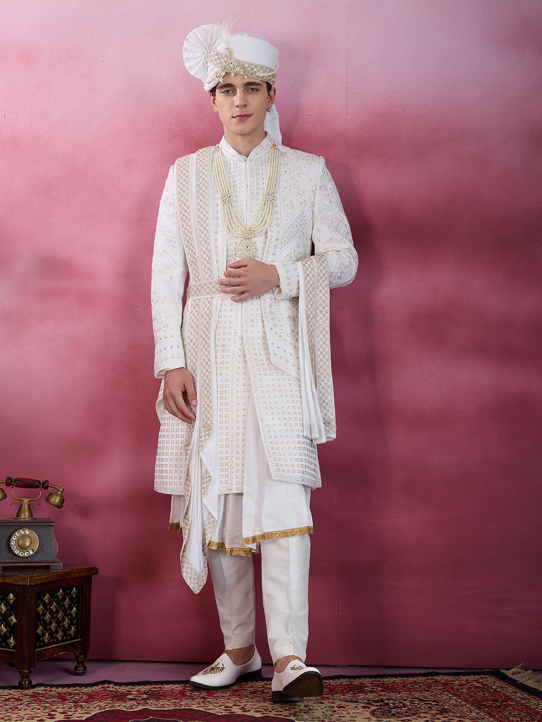 PRISTINE WHITE EMBROIDERY SHERWANI FOR GROOM