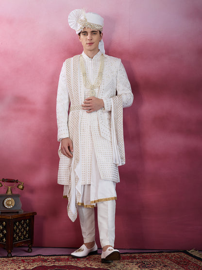 PRISTINE WHITE EMBROIDERY SHERWANI FOR GROOM