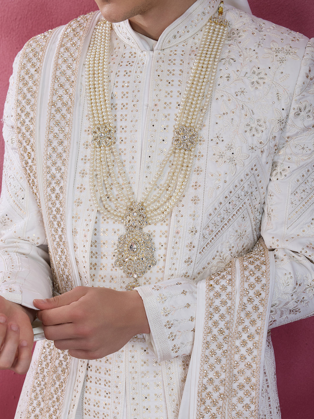 PRISTINE WHITE EMBROIDERY SHERWANI FOR GROOM