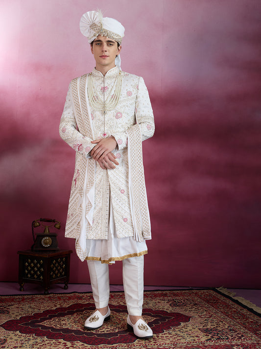 IVORY WHITE EMBROIDERY AND HANDWORK SHERWANI FOR GROOM