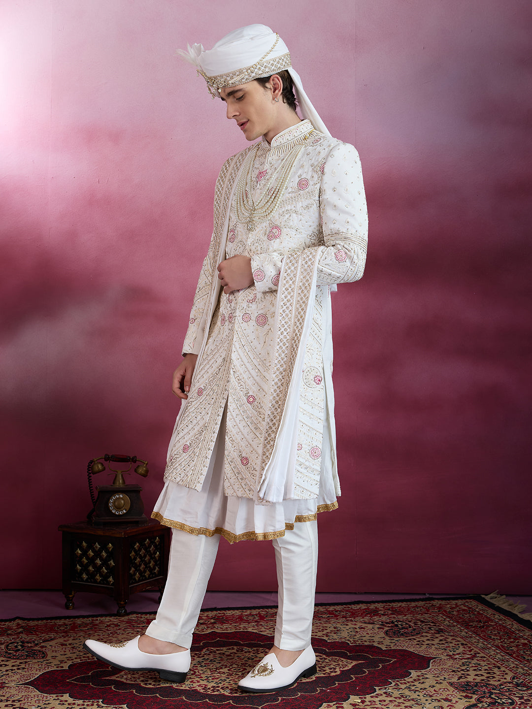 IVORY WHITE EMBROIDERY AND HANDWORK SHERWANI FOR GROOM