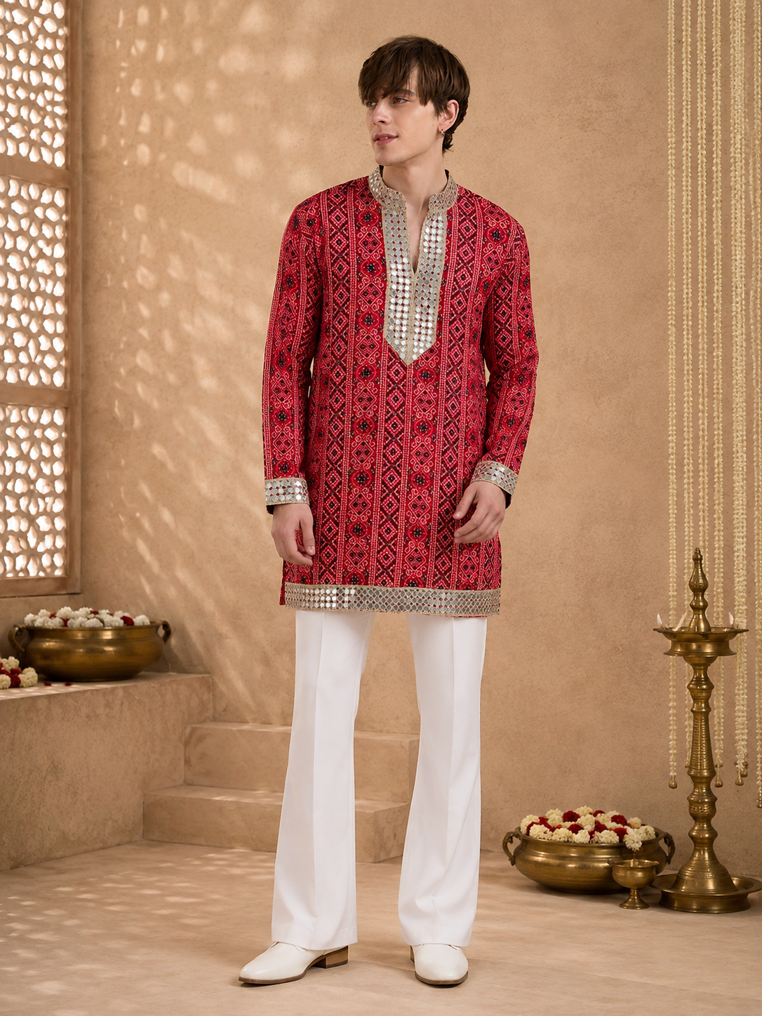 Regal Red Geometric Embroidered Kurta Pant Set