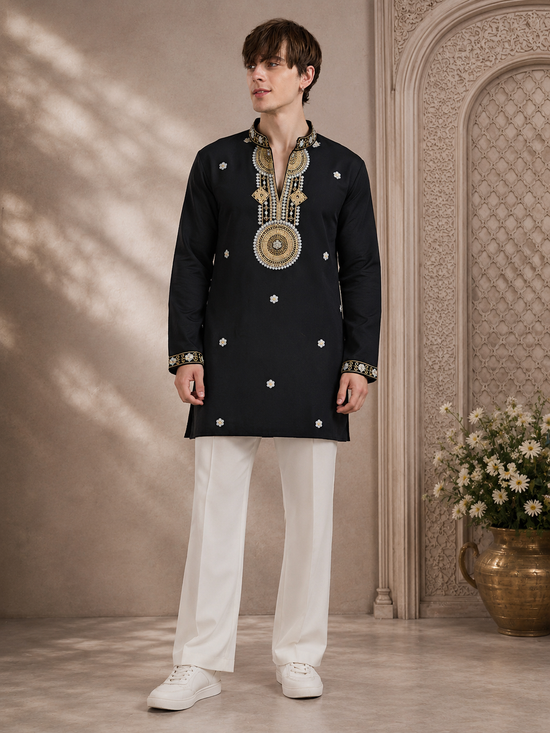 Black Royal Embroidered Kurta with Ivory Pant Set