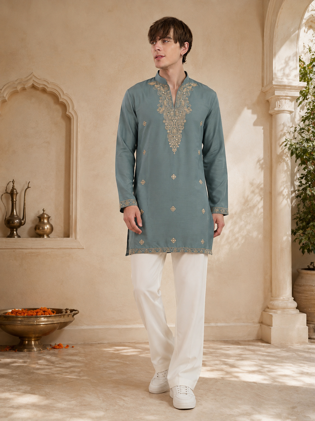 Sage Green Embroidered Kurta with Ivory Pant Set