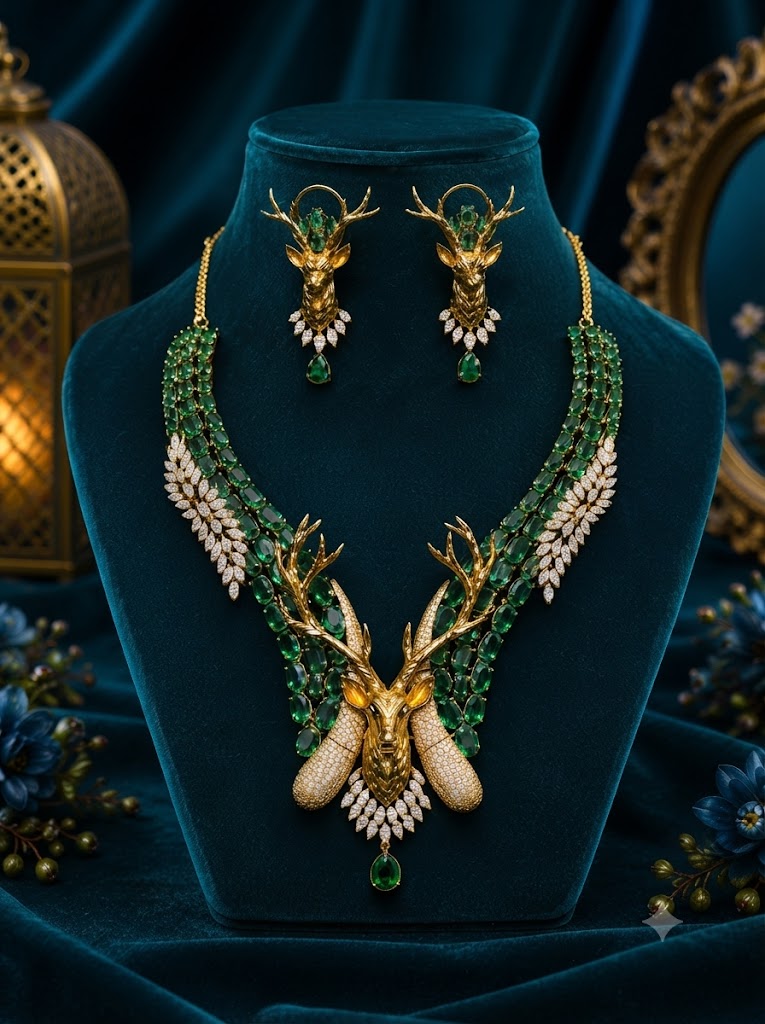 Emerald Green Deer-Inspired Choker Necklace & Earrings Set