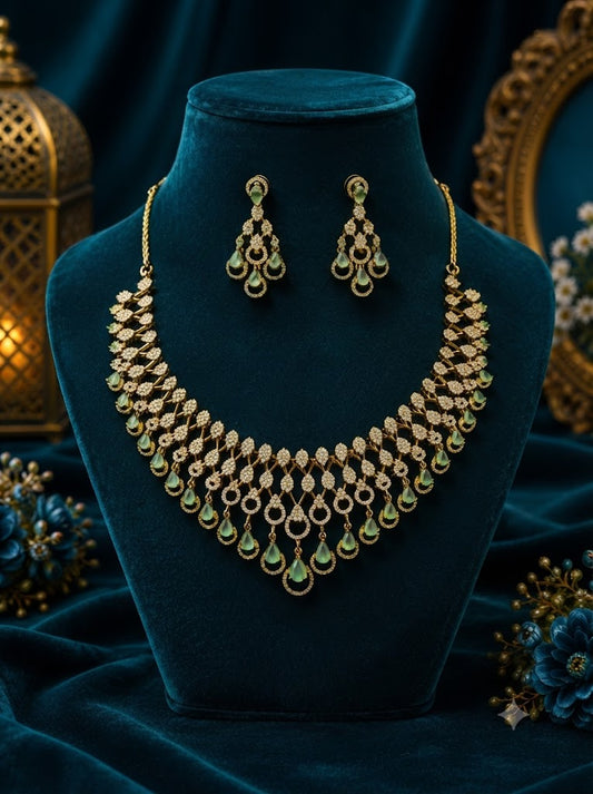 Emerald Green Crystal Layered Choker Necklace & Earrings Set