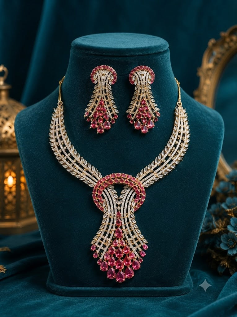 Royal Ruby Cascade Choker Necklace & Earrings Set
