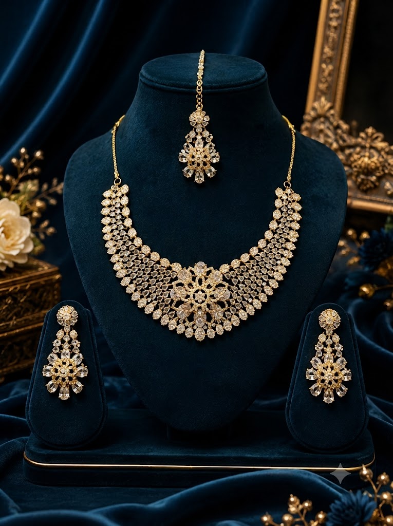Royal Floral Kundan Choker Necklace, Earrings & Maang Tikka Set