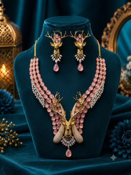 Pink Crystal Deer-Inspired Choker Necklace & Earrings Set