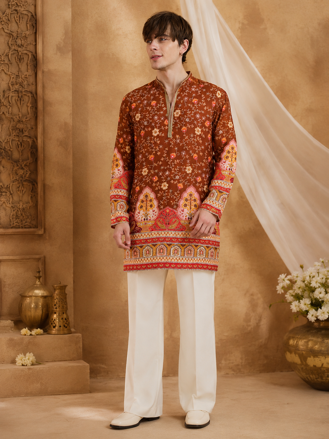 Rust Floral Heritage Kurta Pant Set