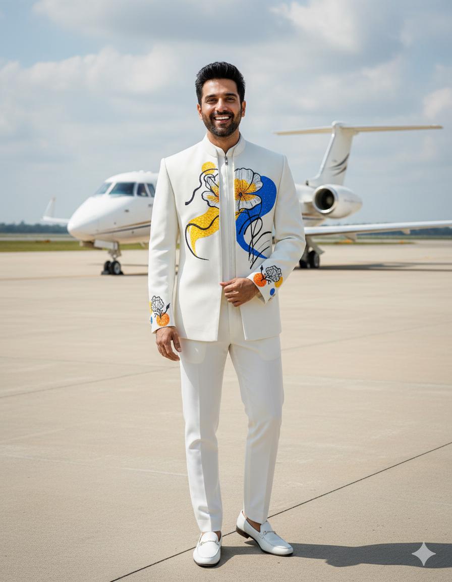 Floral Symphony Bandhgala (WHITE WITH YELLOW+BLUE PAINT)