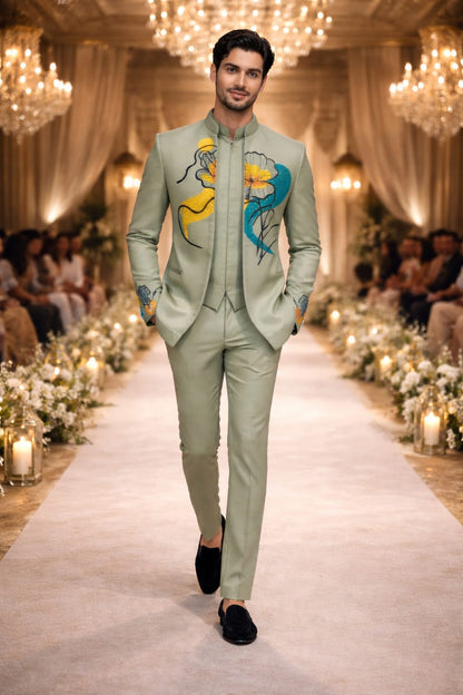 Floral Symphony Bandhgala (GREY WITH YELLOW+SKY BLUEPAINT)