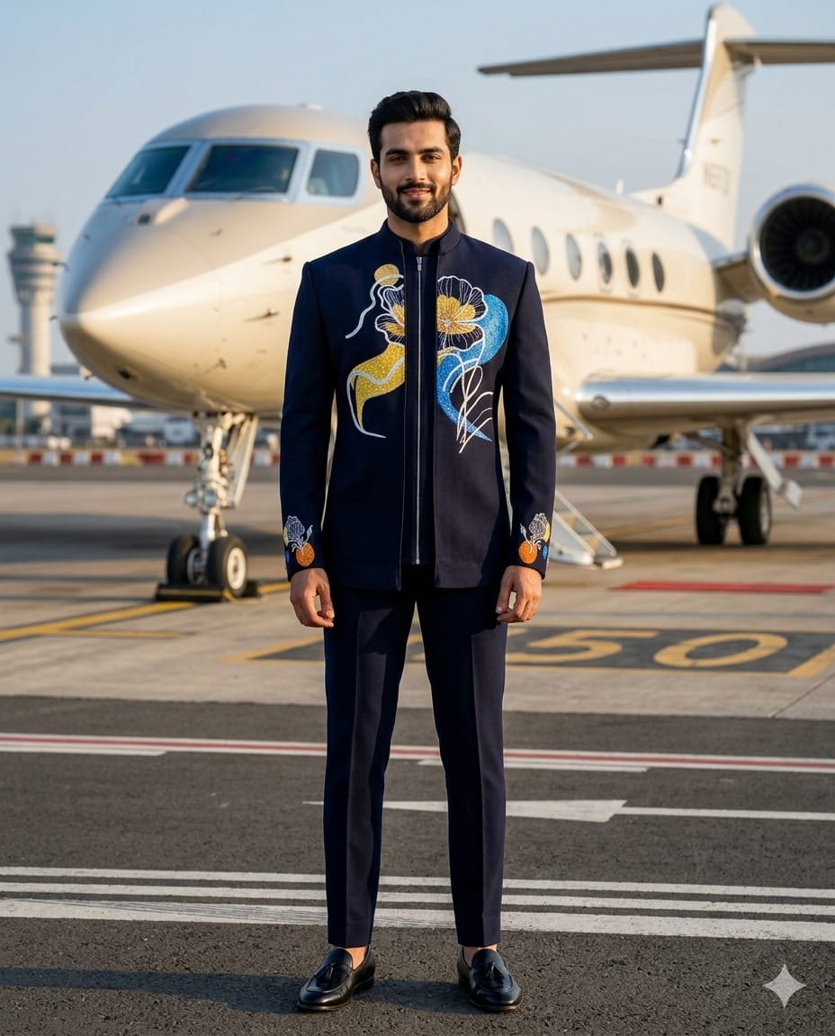 Floral Symphony Bandhgala (BLACK WITH YELLOW+SKY BLUEPAINT)