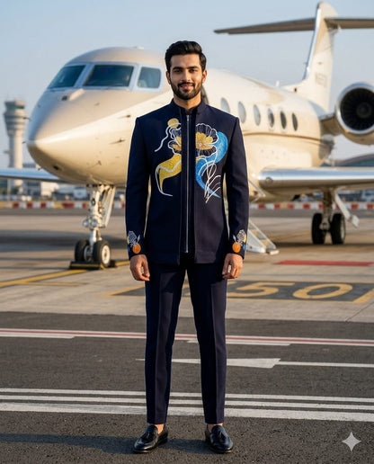 Floral Symphony Bandhgala (BLACK WITH YELLOW+SKY BLUEPAINT)