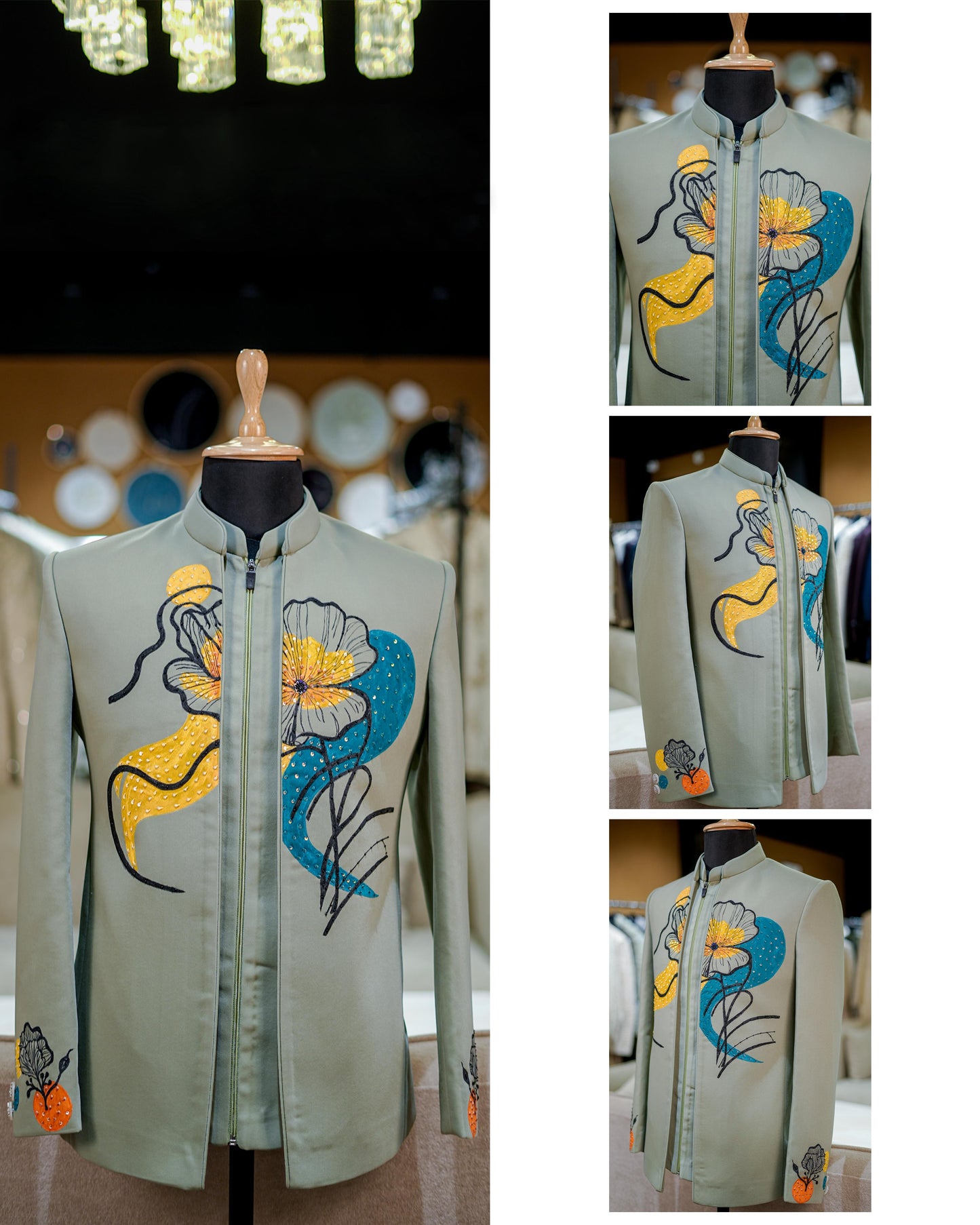 Floral Symphony Bandhgala (GREY WITH YELLOW+SKY BLUEPAINT)