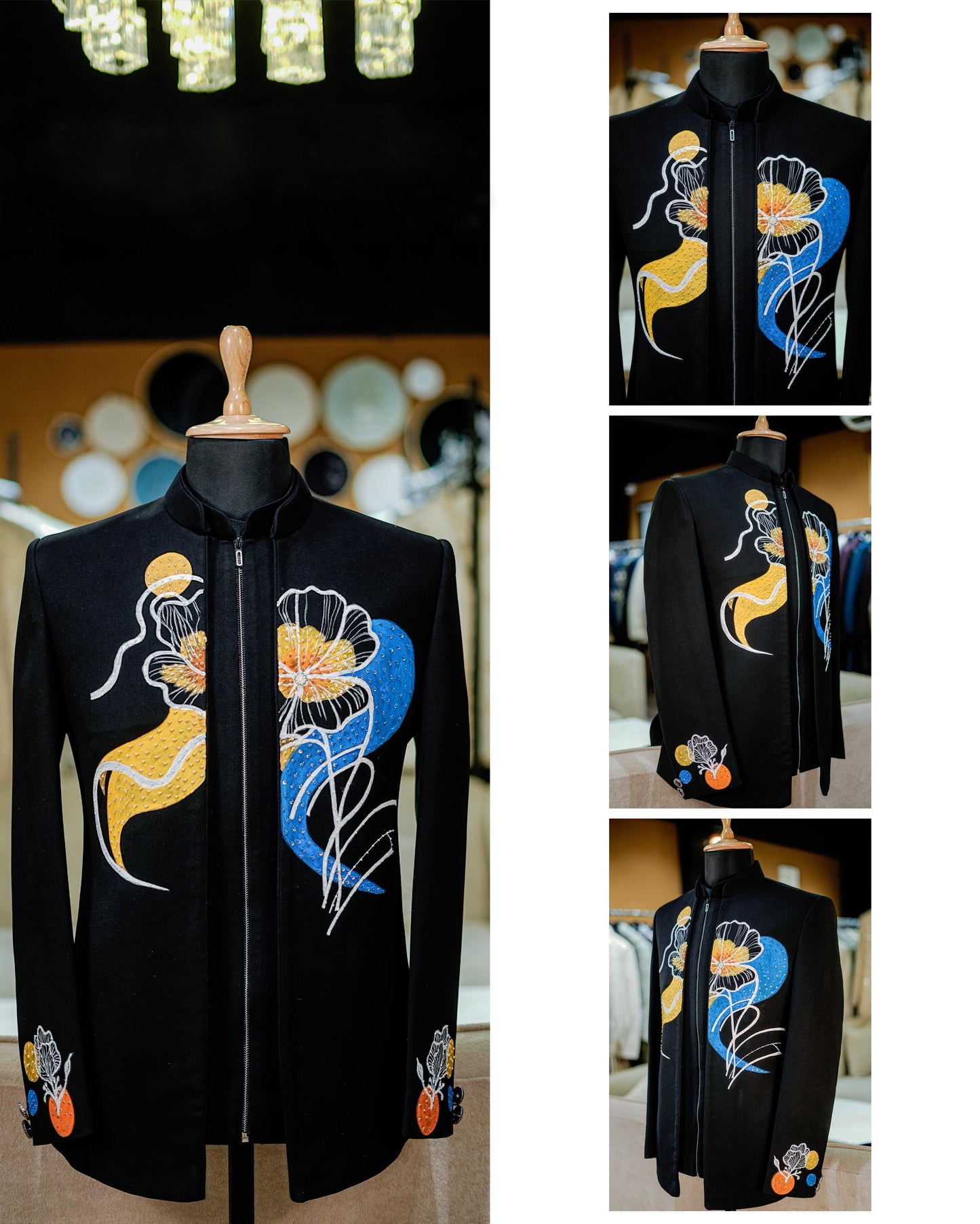 Floral Symphony Bandhgala (BLACK WITH YELLOW+SKY BLUEPAINT)