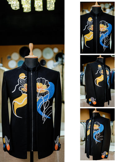 Floral Symphony Bandhgala (BLACK WITH YELLOW+SKY BLUEPAINT)