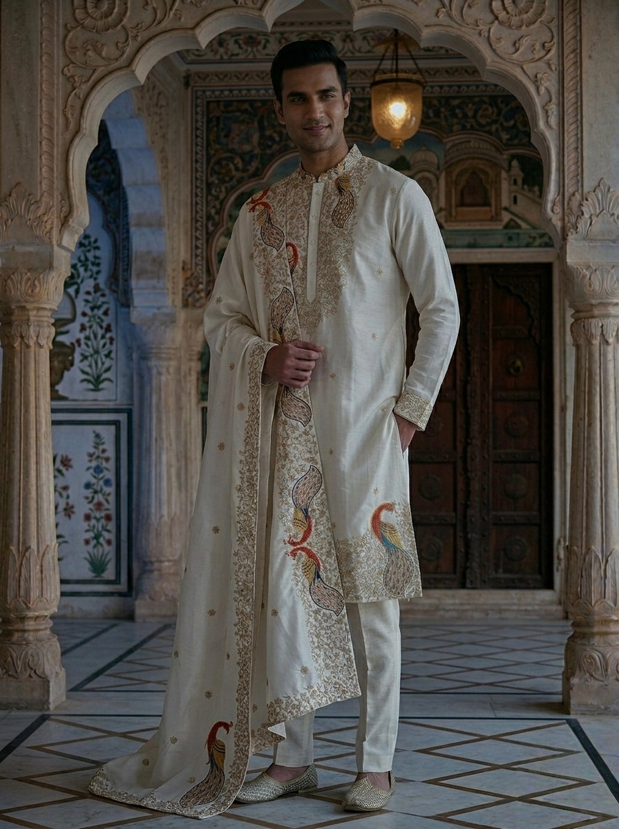 The Ivory Palace Peacock Silk Kurta Set