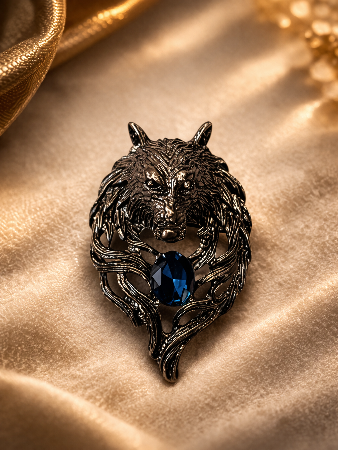 Midnight Wolf Sapphire Brooch