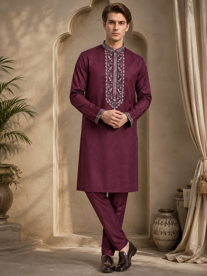 Royal Burgundy Embroidered Kurta Set