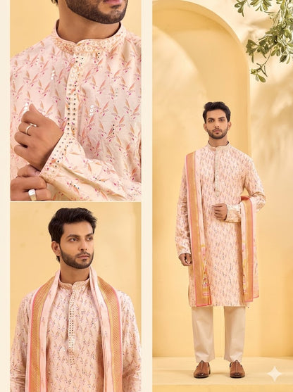 Blossom Opulence: Pure Linen-Satin Ensemble
