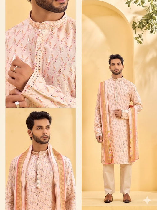 Blossom Opulence: Pure Linen-Satin Ensemble