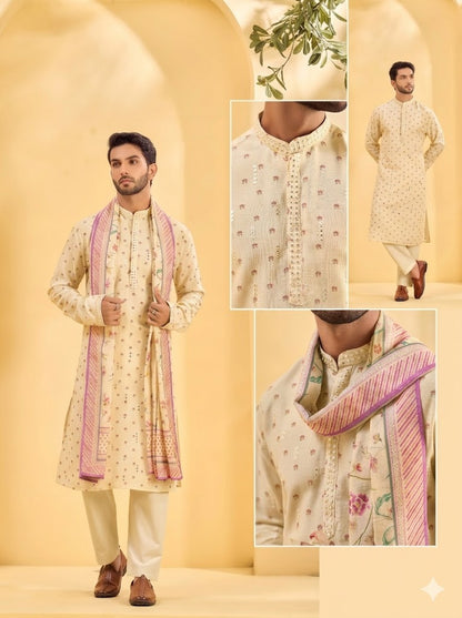 The Royal Cream Floral Kurta with Artisan Stole