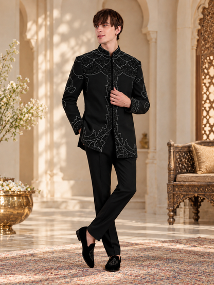 Black Onyx Royale Embroidered Indo-Western Set for Men