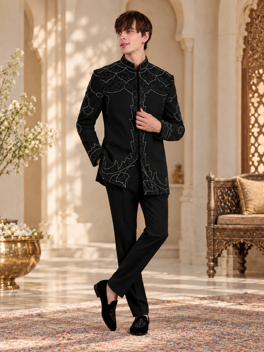Black Onyx Royale Embroidered Indo-Western Set for Men