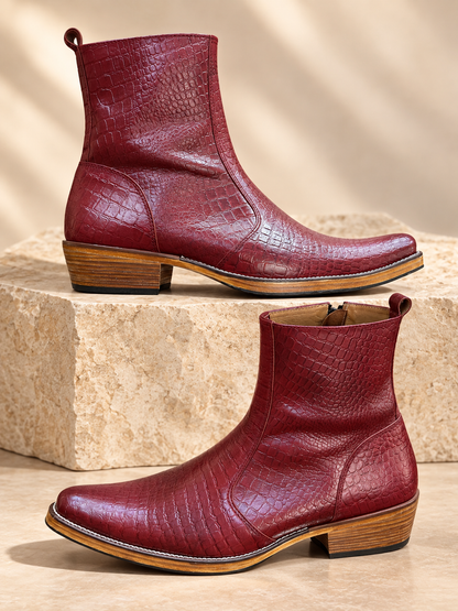 Royal Burgundy Crocodile-Texture Leather Ankle Boots