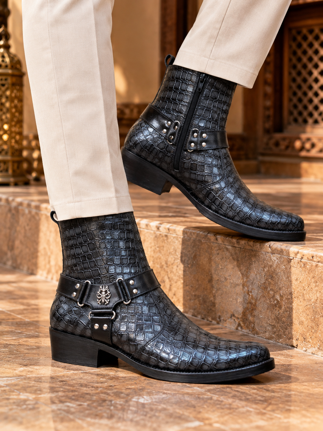 Royal Noir Crocodile-Texture Leather Ankle Boots
